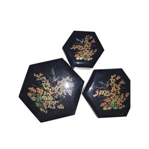 Vintage 80s Made In Hong Kong Nesting Jewelry Black Floral Boxes Trinket Boxes